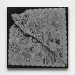 a lace doily on a black panel on a white wall