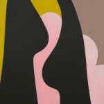 Detail of colorful graphic painting of legs against pink cloud and grid