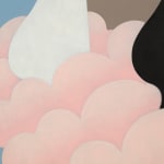 Detail of painting of legs against pink clouds and blue oval window