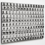 a grid of faces in black and white on a panel