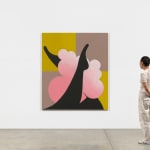 Scale of figure standing near colorful graphic painting of legs against pink cloud and grid, against white wall