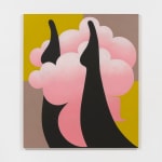 Colorful graphic painting of legs against pink cloud and grid, against white wall