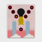 Colorful graphic painting with flowers and clouds against white wall