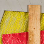 detail of Martin Boyce jesmonite, painted steel and wood wall work