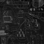a detail of a black and white panel drawing of how to draw a tea cup on a white wall