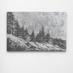 a black and white forest landscape on a small panel on a white wall