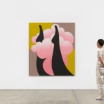 Scale of figure standing near colorful graphic painting of legs against pink cloud and grid, against white wall