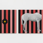 Two panel painting of headless horse against striped background on white wall