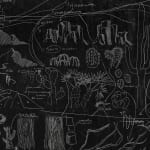 a detail of a black and white panel drawing of how to draw a landscape on a white wall