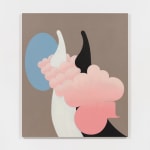 painting of legs against pink clouds and blue oval window