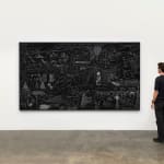 a black and white panel drawing of how to draw a landscape on a white wall with a figure looking at it