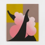 Colorful graphic painting of legs against pink cloud and grid, against white wall