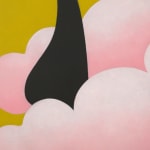Detail of colorful graphic painting of legs against pink cloud and grid