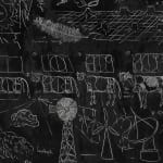 a detail of a black and white panel drawing of how to draw a landscape on a white wall