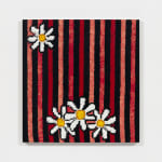 Striped needlepoint painting with daisys against white wall