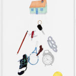 Édition de Jeanne Susplugas, nommé FLYING HOUSE, représentant le dessin d'une maison verte retenue par des fils qui la relie à des objets personnels : basket, réveil, clé, crayon, balle