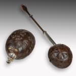 Coulborn antique 18th Century Carved Relief ‘Bugbear’ Coconut Powder Flask and Ladle INDIA - GHERIA FORT 18th century 1756