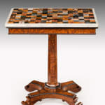 Royal Regency Rectangular Amboyna and Ebony Pedestal Table with Specimen Marble Top