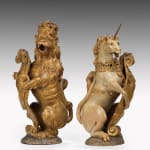 Coulborn antique James I Carved Oak Polychrome-decorated and Parcel-gilt Heraldic Supporters Lion Unicorn