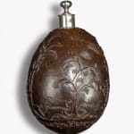 Coulborn antique 18th Century Carved Relief ‘Bugbear’ Coconut Powder Flask and Ladle INDIA - GHERIA FORT 18th century 1756