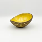 Hjördis Oldfors, Untitled, (round form earthenware bowl, yellow glaze on brown), from 'Kokos' (Coconut) series for Upsala-Ekeby, 1954