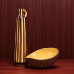 Hjördis Oldfors, Untitled, (round form earthenware bowl, yellow glaze on brown), from 'Kokos' (Coconut) series for Upsala-Ekeby, 1954