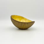 Hjördis Oldfors, Untitled, (round form earthenware bowl, yellow glaze on brown), from 'Kokos' (Coconut) series for Upsala-Ekeby, 1954