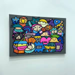 Cartoon street art style painting hung on wall