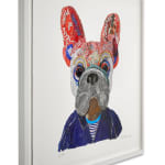 Mon Cheri grey French bulldog in striped top and navy blue jacket collaged print by peter clark at turner art perspective and tap galleries
