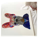 Mon Cheri grey French bulldog in striped top and navy blue jacket collaged print by peter clark at turner art perspective and tap galleries