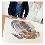 collaged print of brown white English bull dog in red tux at turner art perspective and tap galleries by peter clark
