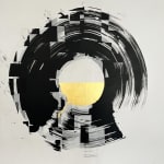 Indian Ink on paper by Abstract artist Rod McIntosh titled Optimism I of a gestural circle with gold leaf paint in the centre. Turner Art Perspective Essex Gallery