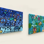 Two street style cartoon art painting hung on wall