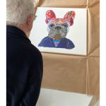 Mon Cheri grey French bulldog in striped top and navy blue jacket collaged print by peter clark at turner art perspective and tap galleries