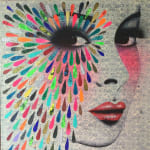 Woman's face with multi coloured shapes around eye