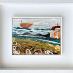 jane wilson artist coming into harbour mixed media collage framed boat sea harbour sky beach orange blue white brown turner art perspective essex art gallery