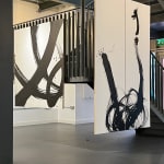 Ink on canvas by abstract artist Rod McIntosh depicting an abstract ink swirl and two sweeping brushstrokes lines on two separate panels making a Diptych, titled From Tiny Acorns. Turner Art Perspective, Essex Gallery