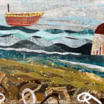 jane wilson artist coming into harbour mixed media collage framed boat sea harbour sky beach orange blue white brown turner art perspective essex art gallery
