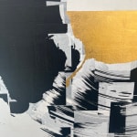 Indian Ink on paper by Abstract artist Rod McIntosh titled Optimism I of a gestural circle with gold leaf paint in the centre. Turner Art Perspective Essex Gallery