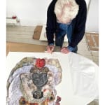 collaged print of brown white English bull dog in red tux at turner art perspective and tap galleries by peter clark