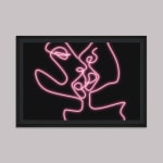 Pink neon abstract lines faces kissing framed on wall