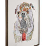 collaged print of brown white English bull dog in red tux at turner art perspective and tap galleries by peter clark