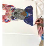 Mon Cheri grey French bulldog in striped top and navy blue jacket collaged print by peter clark at turner art perspective and tap galleries