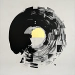 Indian Ink on paper by Abstract artist Rod McIntosh titled Optimism I of a gestural circle with gold leaf paint in the centre. Turner Art Perspective Essex Gallery