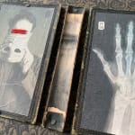 Vintage wooden story box, photographed x-ray hand
