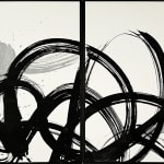 Indian Ink on paper by Abstract artist Rod McIntosh titled Knock Back Bounce Back, depicting gestural brush strokes in black ink on a diptych. Turner Art Perspective Essex Gallery
