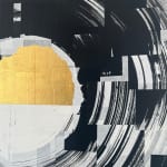Indian Ink on paper by Abstract artist Rod McIntosh titled Optimism I of a gestural circle with gold leaf paint in the centre. Turner Art Perspective Essex Gallery