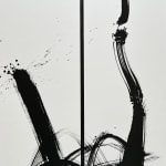 Ink on canvas by abstract artist Rod McIntosh depicting an abstract ink swirl and two sweeping brushstrokes lines on two separate panels making a Diptych, titled From Tiny Acorns. Turner Art Perspective, Essex Gallery