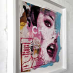 Lhouette artist creating collage acrylic works using diamond dust aerosol pink blue red Chanel logo lips