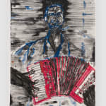 thin cuts of paper with ink mounted and man playing accordion